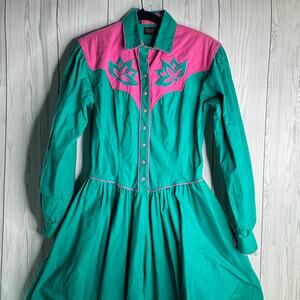 Rare Vintage Tem Tex Western Cowgirl Dress Size 11/12 USA Teal and Pink